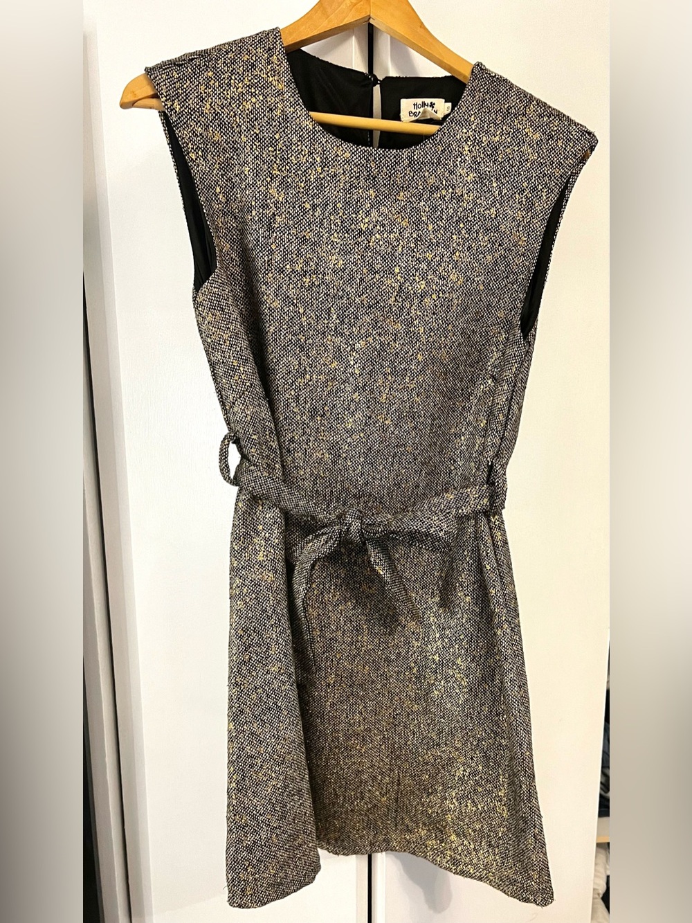 Molly Bracken Vintage Metallic Tweed Sleeveless Belted Dress - Gold